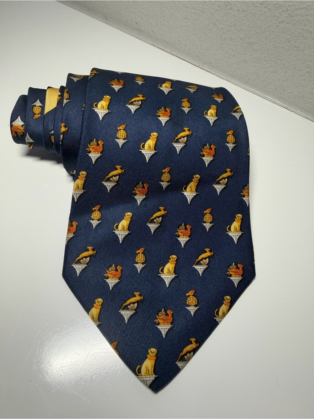 Vintage Salvatore Ferragamo Navy Tie with Dog on Pedelstal